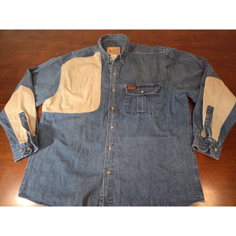 Vtg Woolrich Hunting Shirt Mens XL Blue Denim Shooting Patch Outdoor Guide